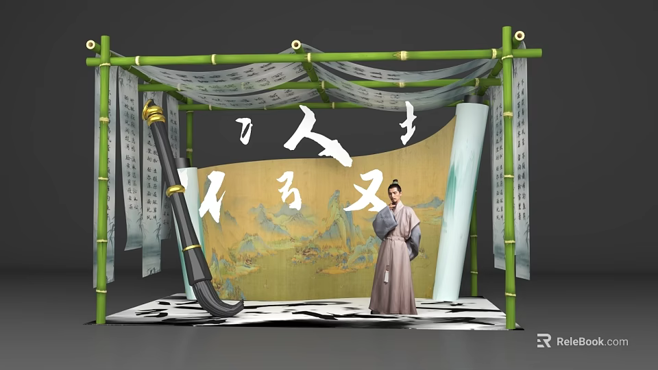 Traditional Chinese Photo Spot With Bamboo Structure Landscape Painting And Costume Figure 3d model 
