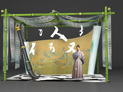 Traditional Chinese Photo Spot With Bamboo Structure Landscape Painting And Costume Figure 3d model