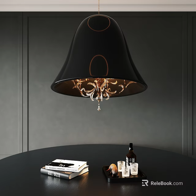 Black Chandelier With Gold Accents Crystal Details Above Black Table With Books Bottle Decor 3d model 