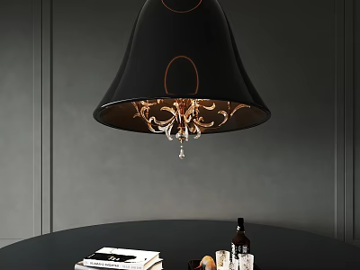 Black Chandelier With Gold Accents Crystal Details Above Black Table With Books Bottle Decor 3d model