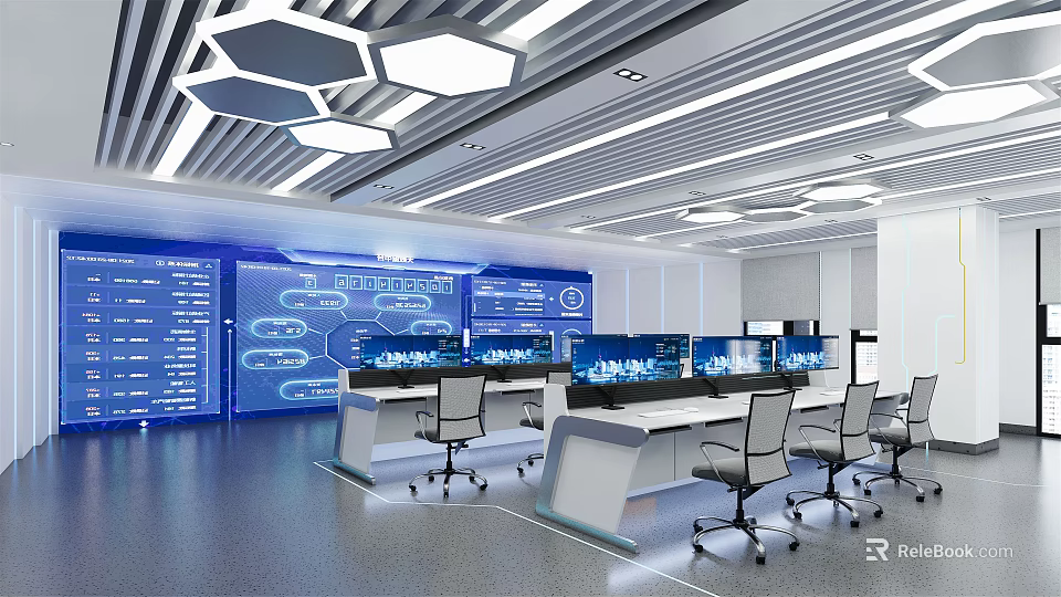 Modern Tech Savvy Monitoring Room Interior With Multiple Screens Control Desks And Office Chairs 3d model 