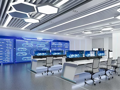 Modern Tech Savvy Monitoring Room Interior With Multiple Screens Control Desks And Office Chairs 3d model