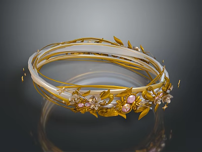 Elegant Gold Tiara With Intricate Leaf Decorations Pink Gemstones And Flowers 3d model