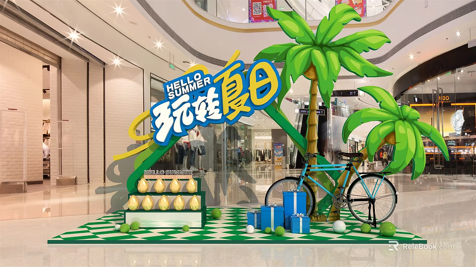 Tropical Summer Event Entrance With Palm Trees Bicycle Gift Boxes And Display Stand 3d model 