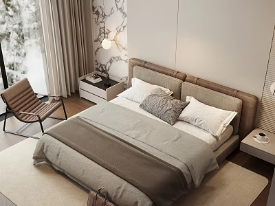 Cozy Double Bed With Beige Gray Linens Nightstand Armchair Window Curtains And Rug 3d model