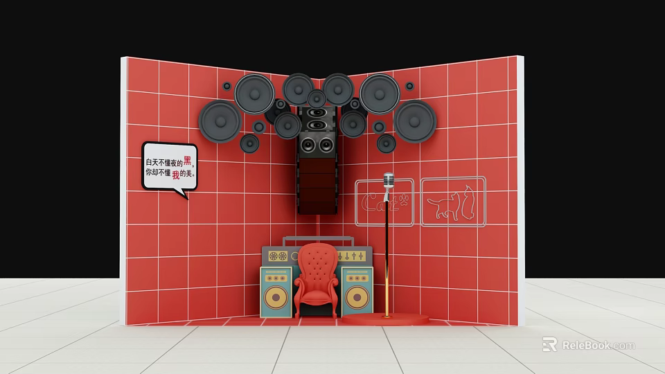 Trendy Photo Spot Featuring Red Tiled Wall Black Speakers Red Chair And Neon LOVE Sign 3d model 