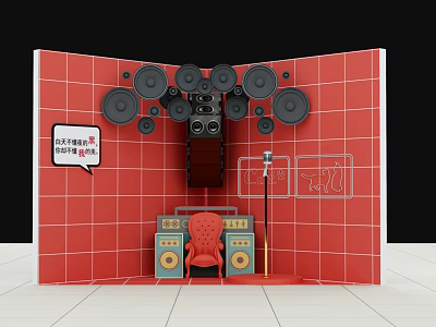 Trendy Photo Spot Featuring Red Tiled Wall Black Speakers Red Chair And Neon LOVE Sign 3d model