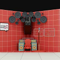 Trendy Photo Spot Featuring Red Tiled Wall Black Speakers Red Chair And Neon LOVE Sign
