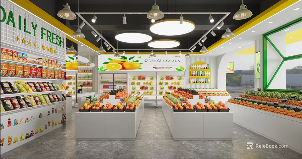 Bright Fruit Store Interior With Fresh Fruit Displays 3d model