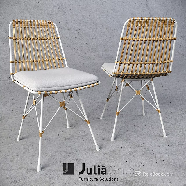 Stylish Rattan Chairs With White Metal Frame And Light Gray Cushions 3d model 