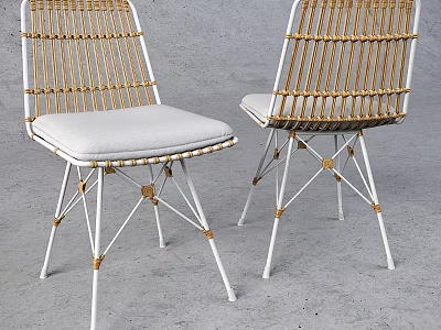 Stylish Rattan Chairs With White Metal Frame And Light Gray Cushions 3d model