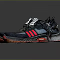 Black Sports Shoes With Red Soles Red Side Stripes White Laces Mesh And Textured Soles