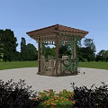 Garden Landscape Featuring Wooden Gazebo Green Lawn Trees Sunflower And Orange Flowers