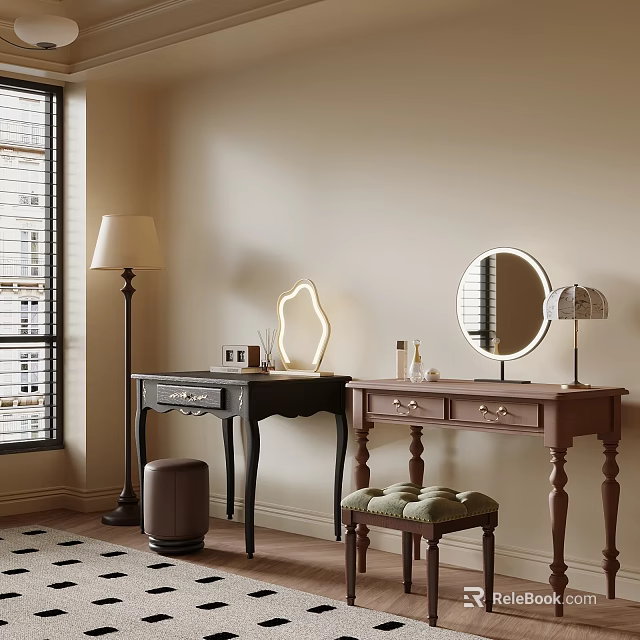 Brown And Black Dressing Tables With Round Mirror Floor Lamp And Upholstered Stool 3d model 