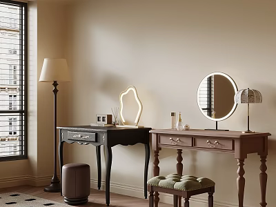 Brown And Black Dressing Tables With Round Mirror Floor Lamp And Upholstered Stool 3d model