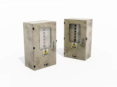 Two Industrial Metal Control Enclosures With Transparent Windows And Warning Labels 3d model
