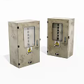 Two Industrial Metal Control Enclosures With Transparent Windows And Warning Labels