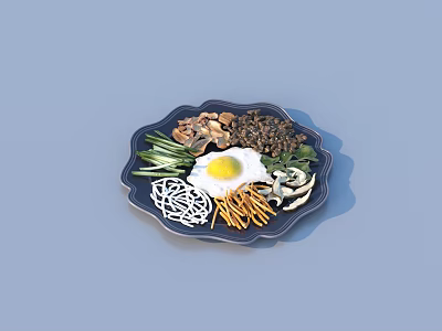 Delicious Homemade Food On Blue Plate With Fried Egg Noodles And Fresh Vegetables 3d model
