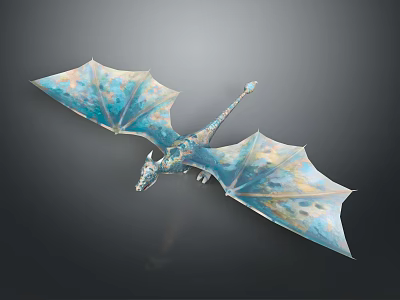 Fantasy Character Dragon Mythical Creature with Blue White Patterned Wings in Flying Stance 3d model