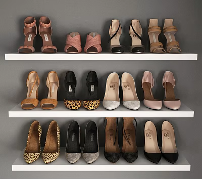 Stylish Different Shoes Displayed on Multiple Shelves Featuring Various Heels Colors and Designs 3d model