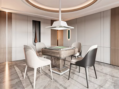 Modern Hotel Mahjong Room Interior Design With Round Table White Black Chairs And Chandelier Lighting 3d model