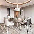 Modern Hotel Mahjong Room Interior Design With Round Table White Black Chairs And Chandelier Lighting 3d model
