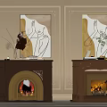 Two Classic Fireplaces With Decorative Paintings Vases And Ornaments On Carved Walls