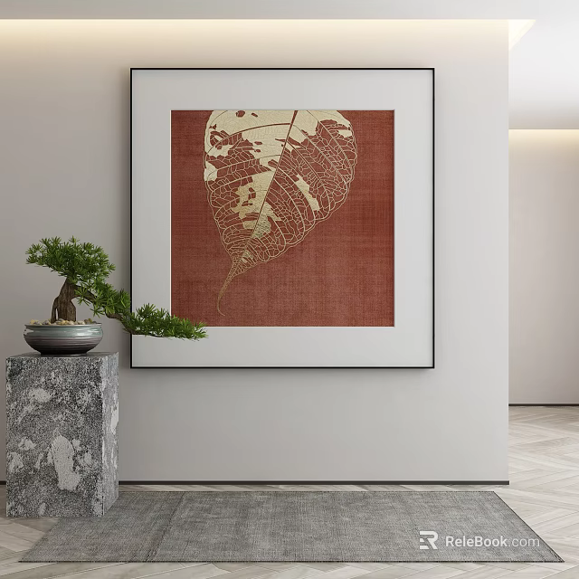 Modern Interior With Red Background Leaf Pattern Decorative Painting And Stone Base Potted Plant 3d model