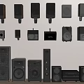 Various Headphones And Speakers In Different Sizes Wall Mounted And Floor Standing Styles