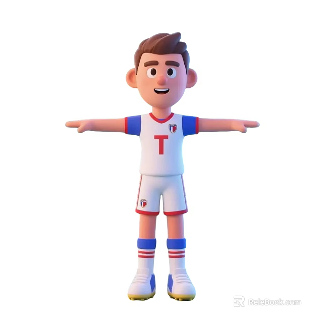 Cartoon Man in White Sportswear with T on Chest Red and Blue Stripes Arms Outstretched 3d model 