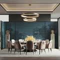 Modern Private Dining Room Interior With Circular Chandelier Dining Table Yellow Flowers And Beige Chairs
