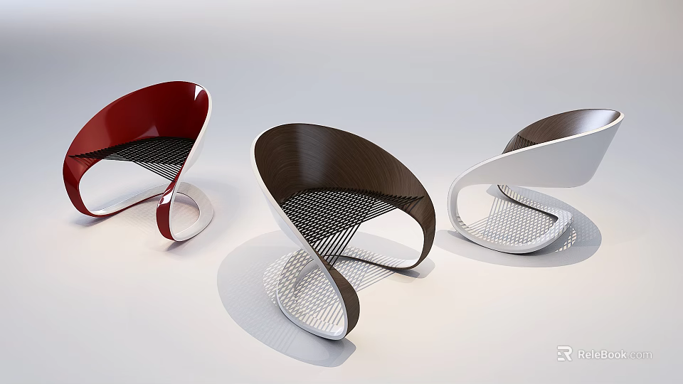 Modern Curved Single Chair with Red Brown White Mesh Seat Design 3d model 