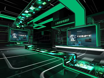 Modern AI Exhibition Hall With Digital Screens And Green Tech Design 3d model