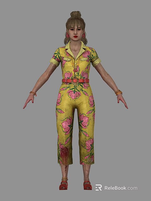 Woman in Yellow Jumpsuit With Pink Floral Pattern Red Belt Bracelets And Open Hands 3d model 