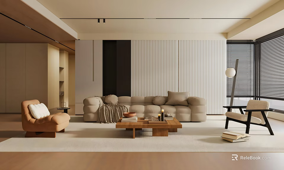 Modern Living Room Interior Design With Comfortable Sofa Wooden Coffee Table And Armchair 3d model 