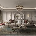 Luxurious Living and Dining Room Interior With Decorative Ceiling Crystal Chandelier Sofa And Coffee Table