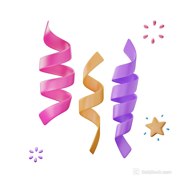 Decorative Ornament Set With Pink Orange Purple Spiral Ribbons And Star Flower Decorations 3d model 