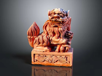 Traditional Carved Stone Lion Statue With Base And Small Cub Details 3d model