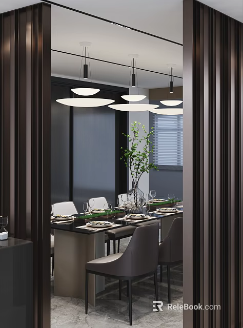 Modern Dining Table Set With Pendant Lights Green Plant Chairs And Tableware 3d model