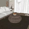 Round Wooden Coffee Table With Woven Texture And Fruit Bowl In Cozy Living Room