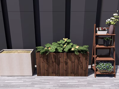 Potted Green Plants with Yellow Flowers in Wooden Planter Box and Multi Tiered Shelf 3d model