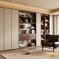 Modern Bookcase Design With Beige Dark Cabinets Books Decorations Chair Window Rug