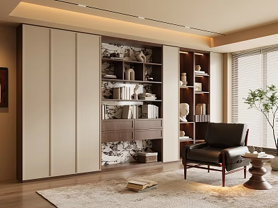 Modern Bookcase Design With Beige Dark Cabinets Books Decorations Chair Window Rug 3d model
