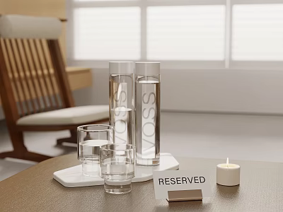 Reserved Sign With Glasses And Candle On Dining Table In Interior Setting 3d model