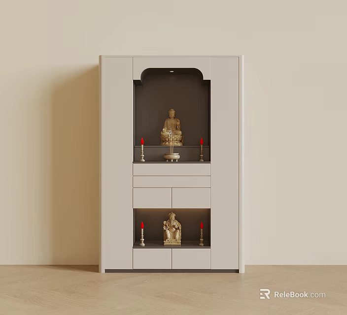 White Wooden Buddha Altar Cabinet With Display Shelf And Golden Statues Red Candles 3d model 