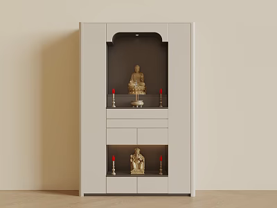 White Wooden Buddha Altar Cabinet With Display Shelf And Golden Statues Red Candles 3d model