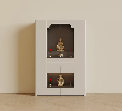 White Wooden Buddha Altar Cabinet With Display Shelf And Golden Statues Red Candles 3d model