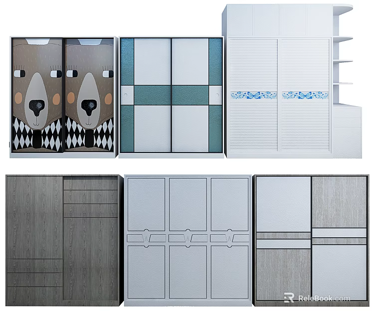 Various Stylish Wardrobe Designs Featuring Cartoon Bear Pattern Geometric Grid And Wooden Texture 3d model 