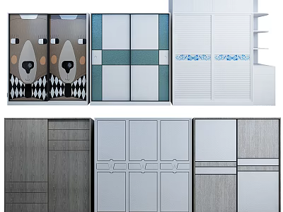 Various Stylish Wardrobe Designs Featuring Cartoon Bear Pattern Geometric Grid And Wooden Texture 3d model