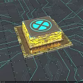 Square Chip With Yellow Texture And Blue Logo On Circuit Board With Blue Lines Background